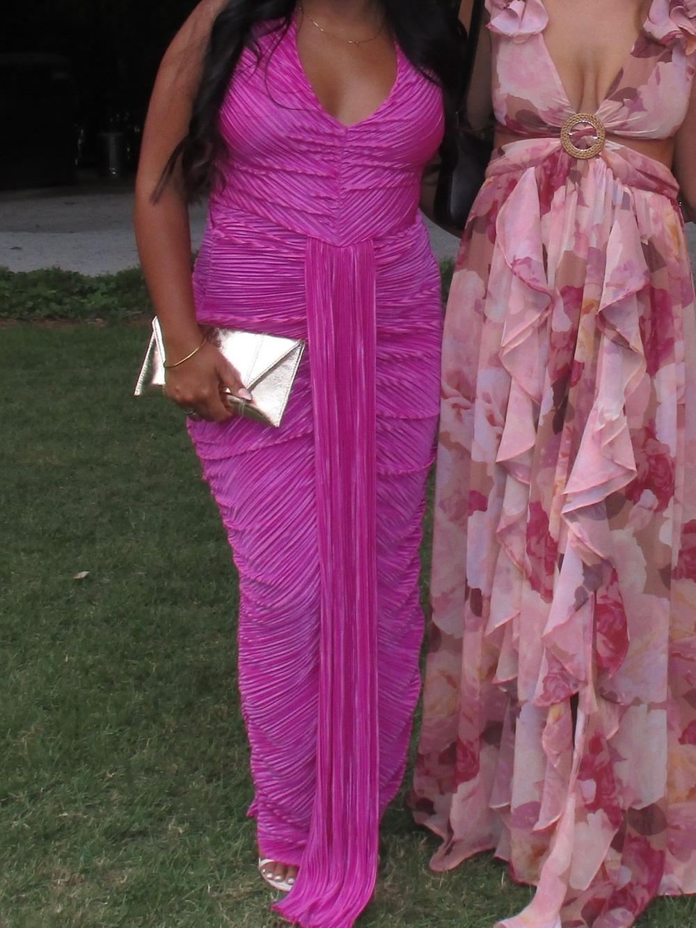 AKIRA V-Neck Fuchsia Ruched Maxi Dress with Front Drape